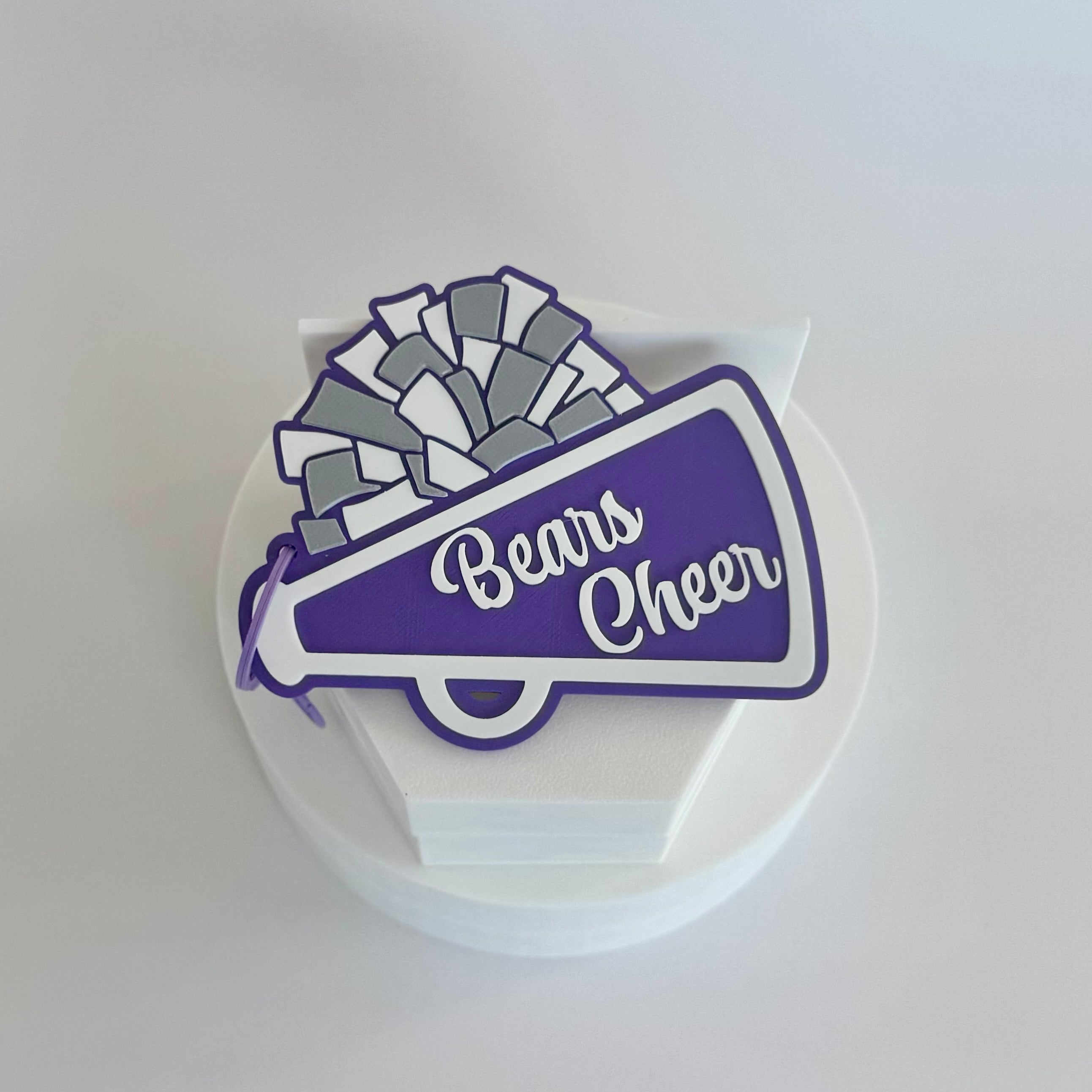 Cherokee Bluff Bears Cheer Bag Tag in purple, white and silver