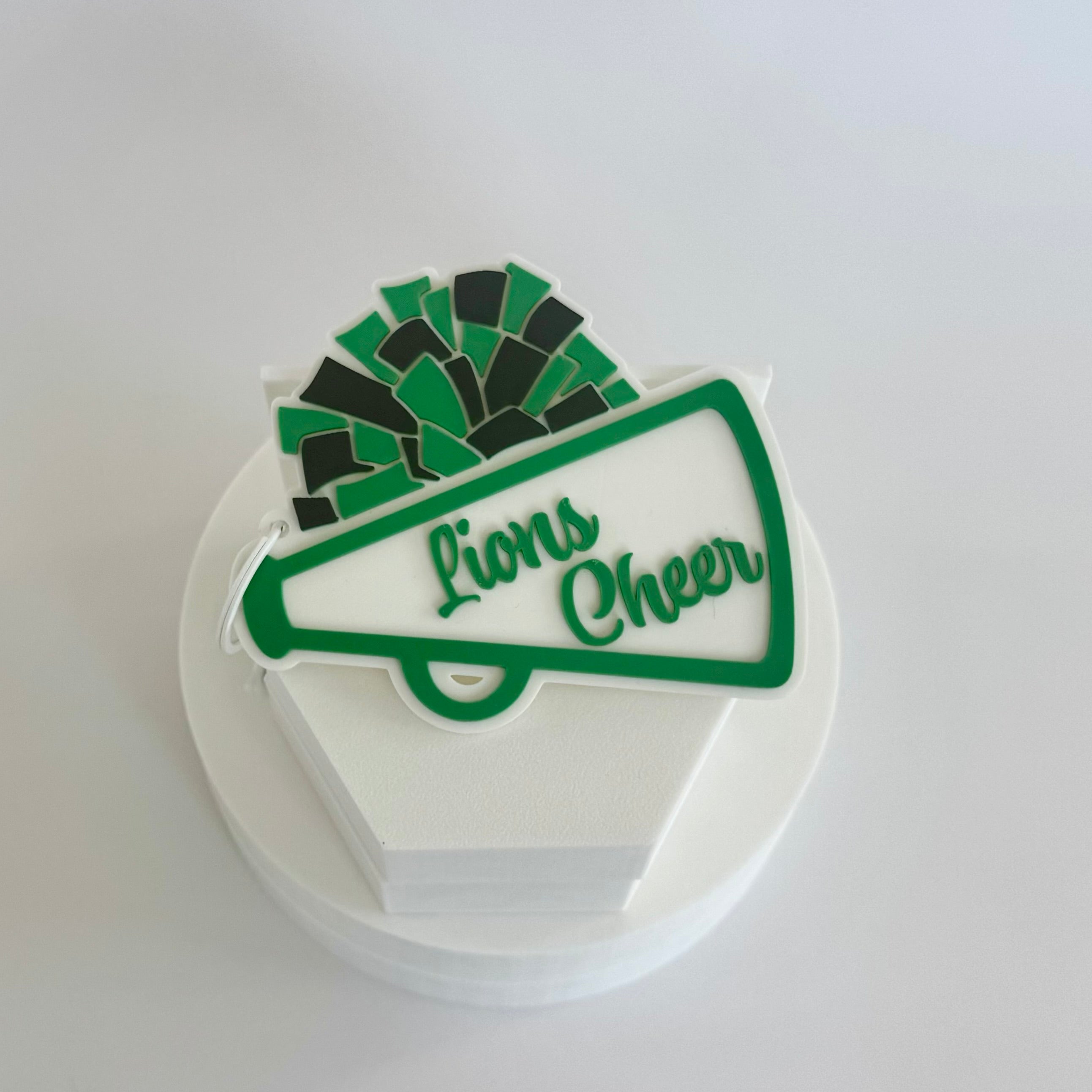 Franklin County Lions Cheer Bag Tag in kelly green, black and white