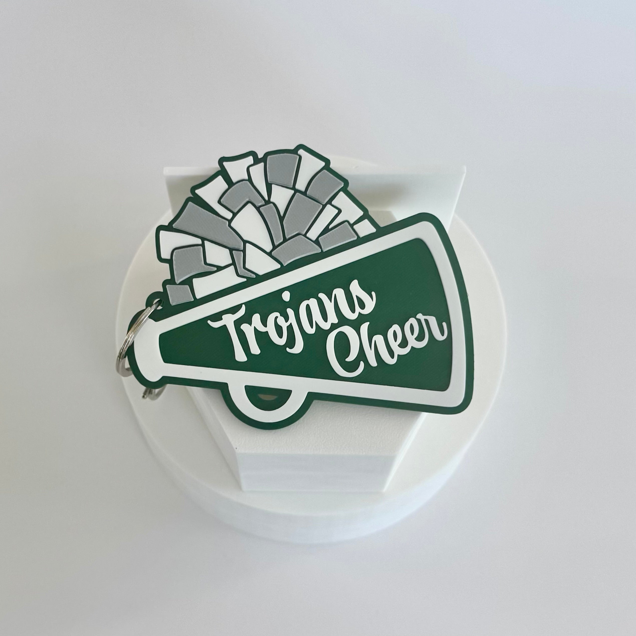 North Hall Trojans Cheer Bag Tag in hunter green, white and silver