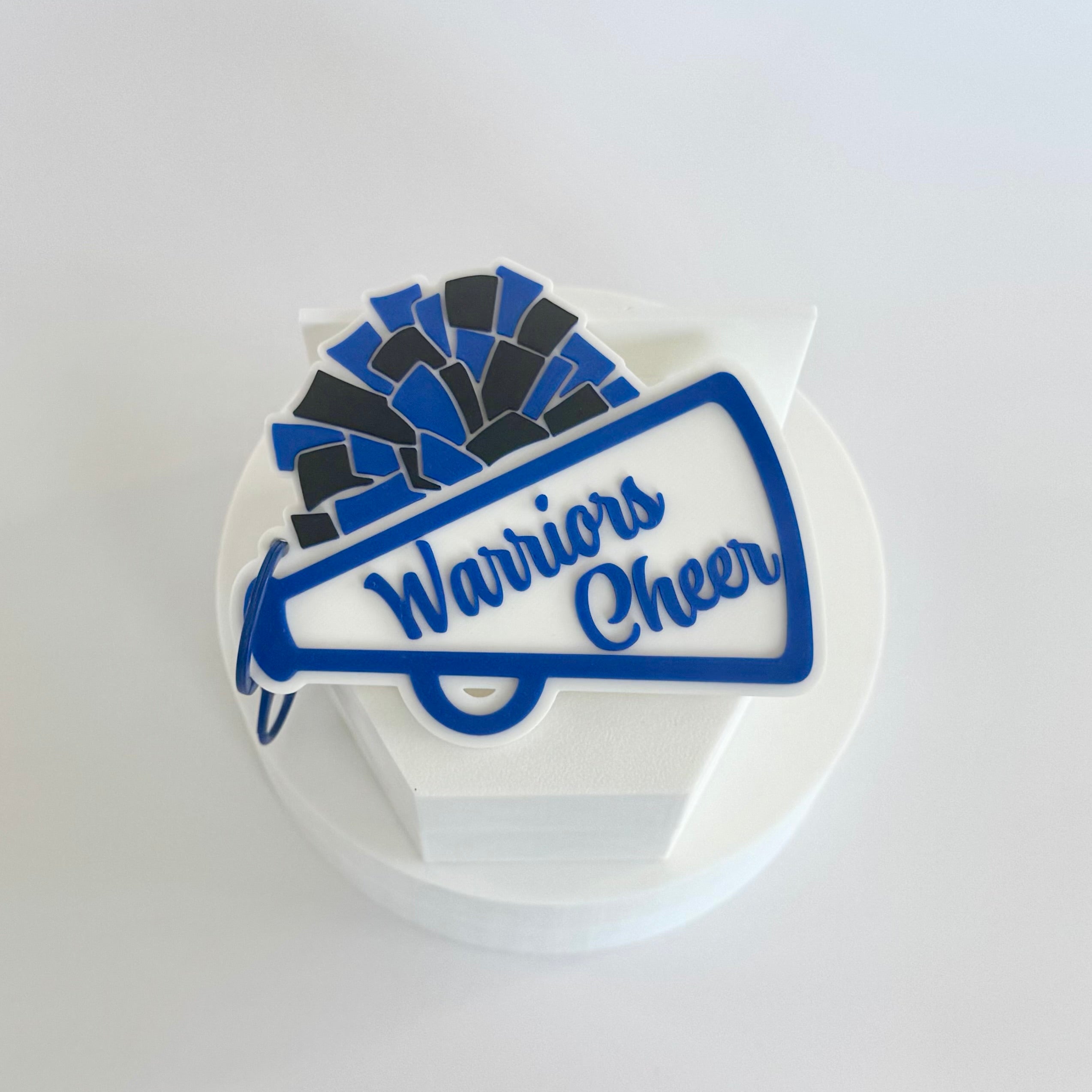 Oconee County Warriors Cheer Bag Tag in royal blue, black and white